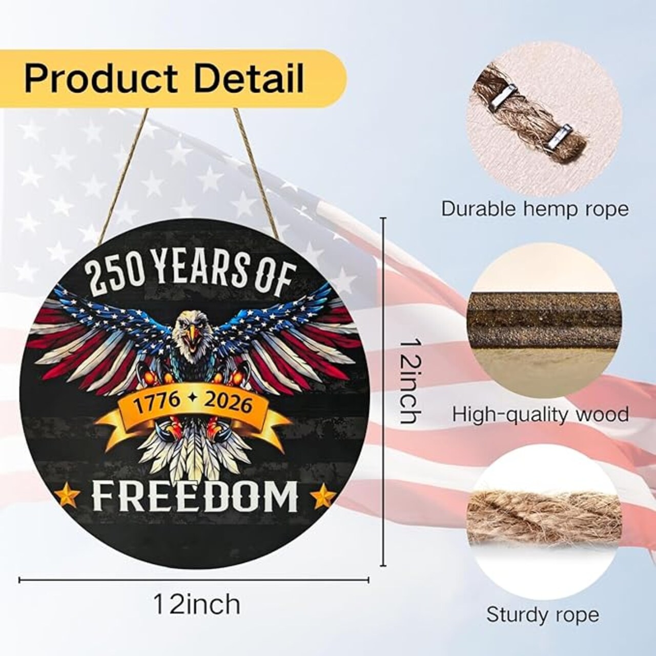 250 Anniversary 4th of July Door Decorations, Wooden American Eagle 1776‑2026 Door Hanger with 2‑in‑1 Mounting, Patriotic Front Door Wreath for Porch, Wall & Indoor Home Décor